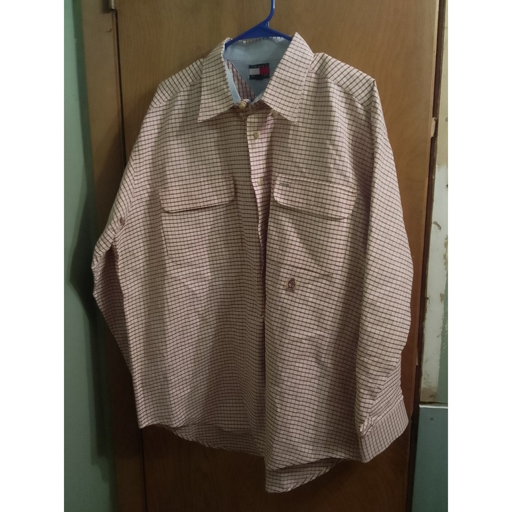Mens 1990's Tommy Hilfiger Grid Striped Plaid Pocket Field Shirt Hip Hop...